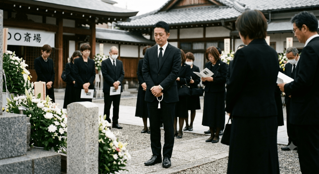 葬儀にブラックスーツで参列している男性