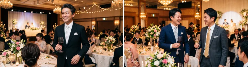 上質なブラックスーツを着て親族の結婚式に参列する男性とネイビーとグレーのスーツをそれぞれ着て友人の結婚式に参列する男性２人