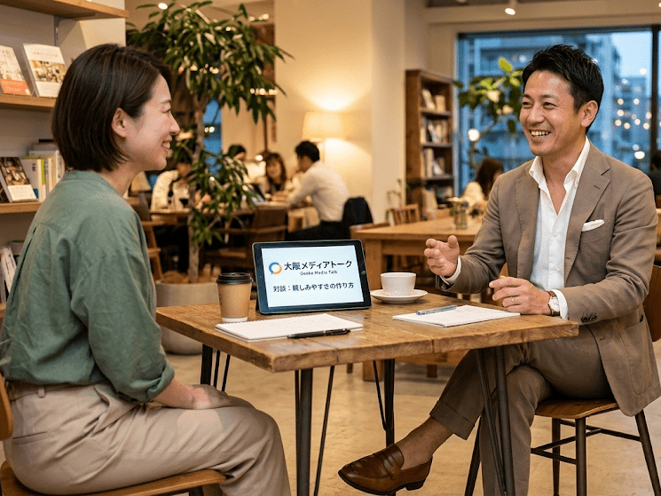 薄ブラウンスーツで堅苦しさを排除したWebメディアの対談企画に主演する男性