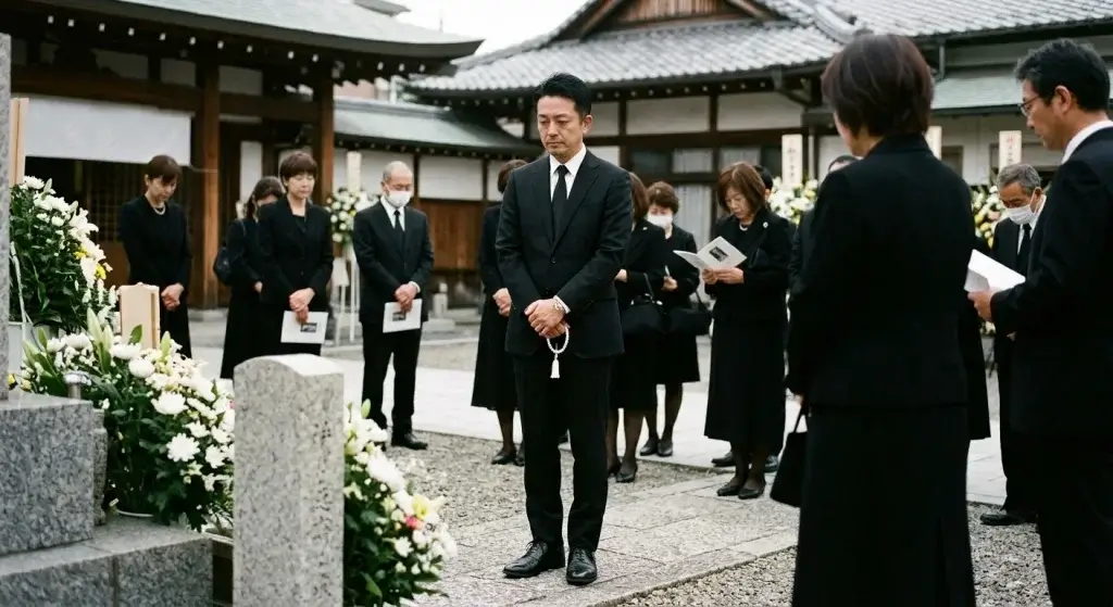 葬儀にブラックスーツで参列している男性
