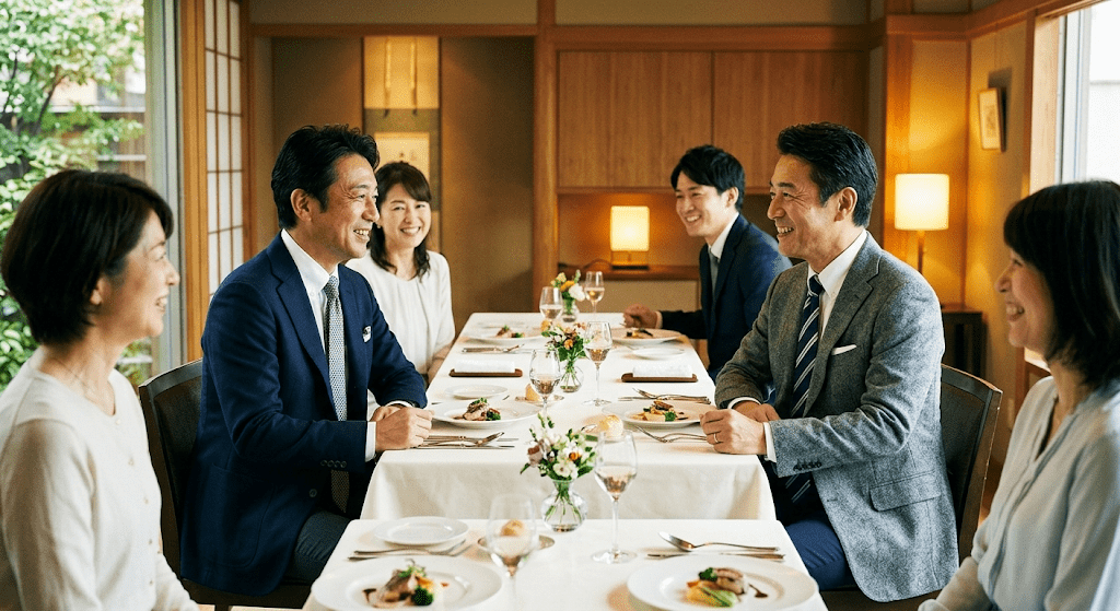 ネイビースーツでレストランでのカジュアルな両家顔合わせ食事会を行う男性