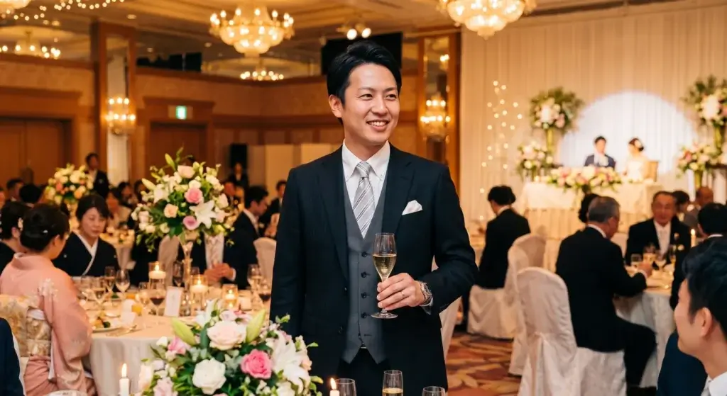 上質なブラックスーツにグレーのベストを合わせて主賓の結婚式に参列する男性