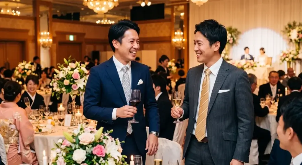 ネイビーとグレーのスーツをそれぞれ着て友人の結婚式に参列する男性２人