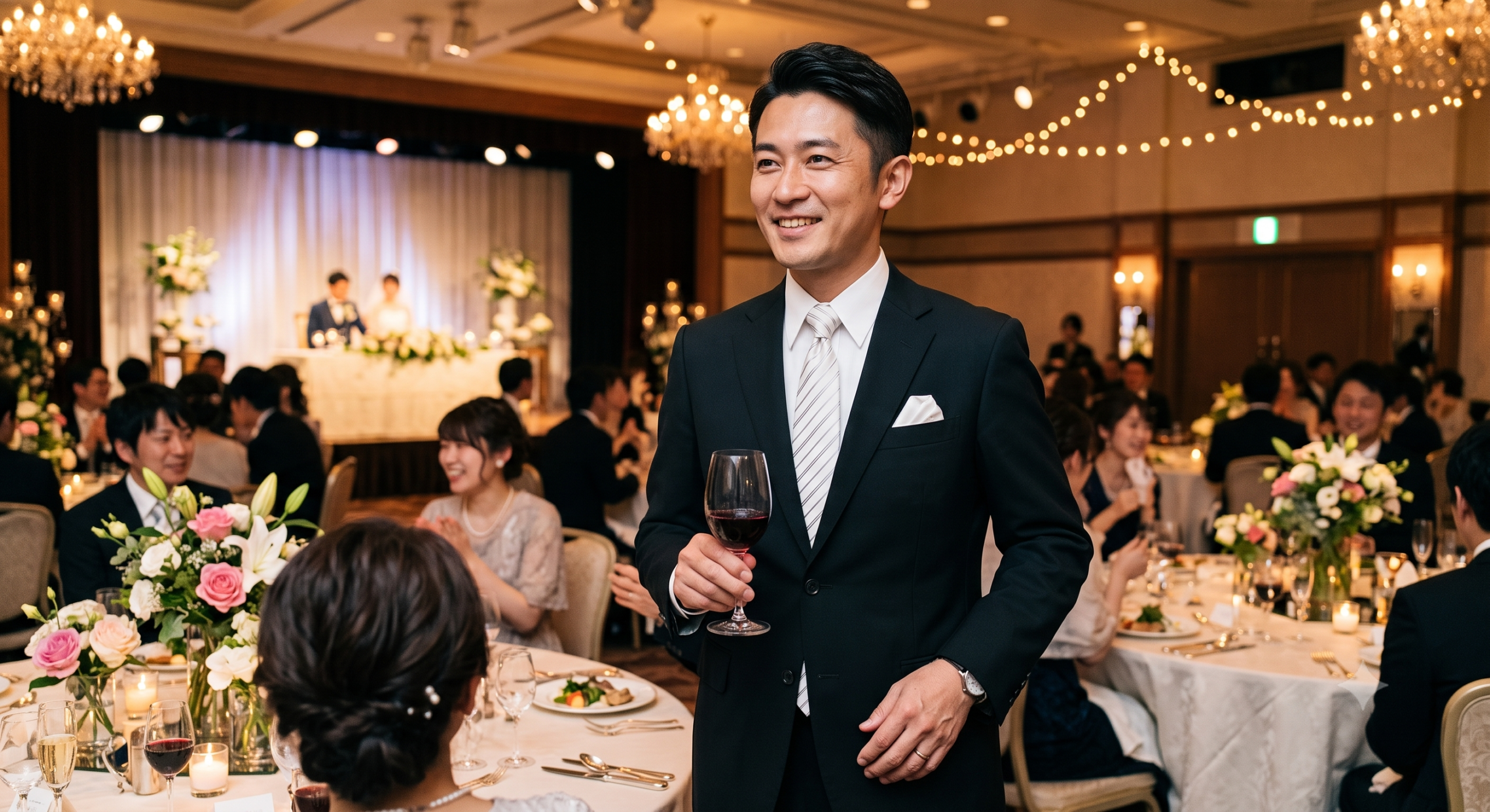 上質なブラックスーツを着て親族の結婚式に参列する男性