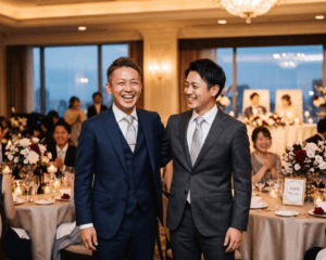 ネイビーとグレーのスーツをそれぞれ着て友人の結婚式に参列する男性２人