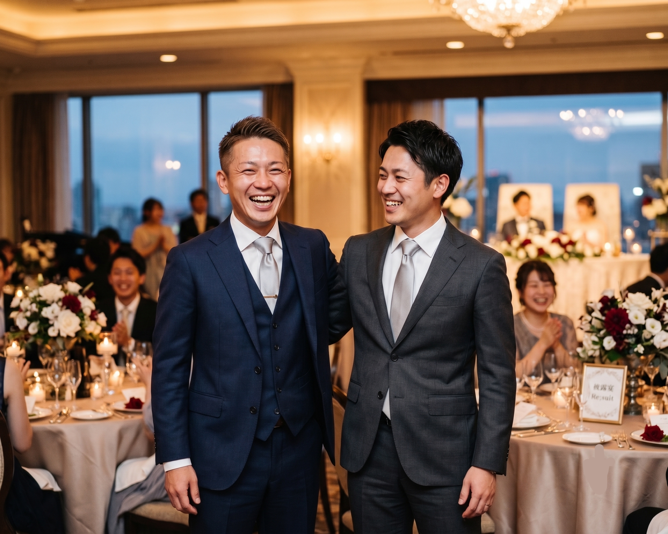 ネイビーとグレーのスーツをそれぞれ着て友人の結婚式に参列する男性２人