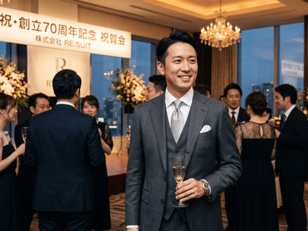 「レセプションパーティ・祝賀会」のいずれかへ出席している男性のスーツ姿
