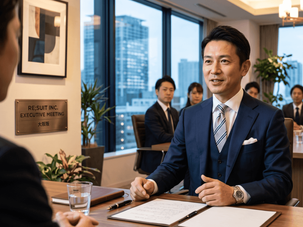 ネイビーのブランドスーツにグレーのレジメンタイを合わせ重要な商談・エグゼクティブとのミーティングをしている男性