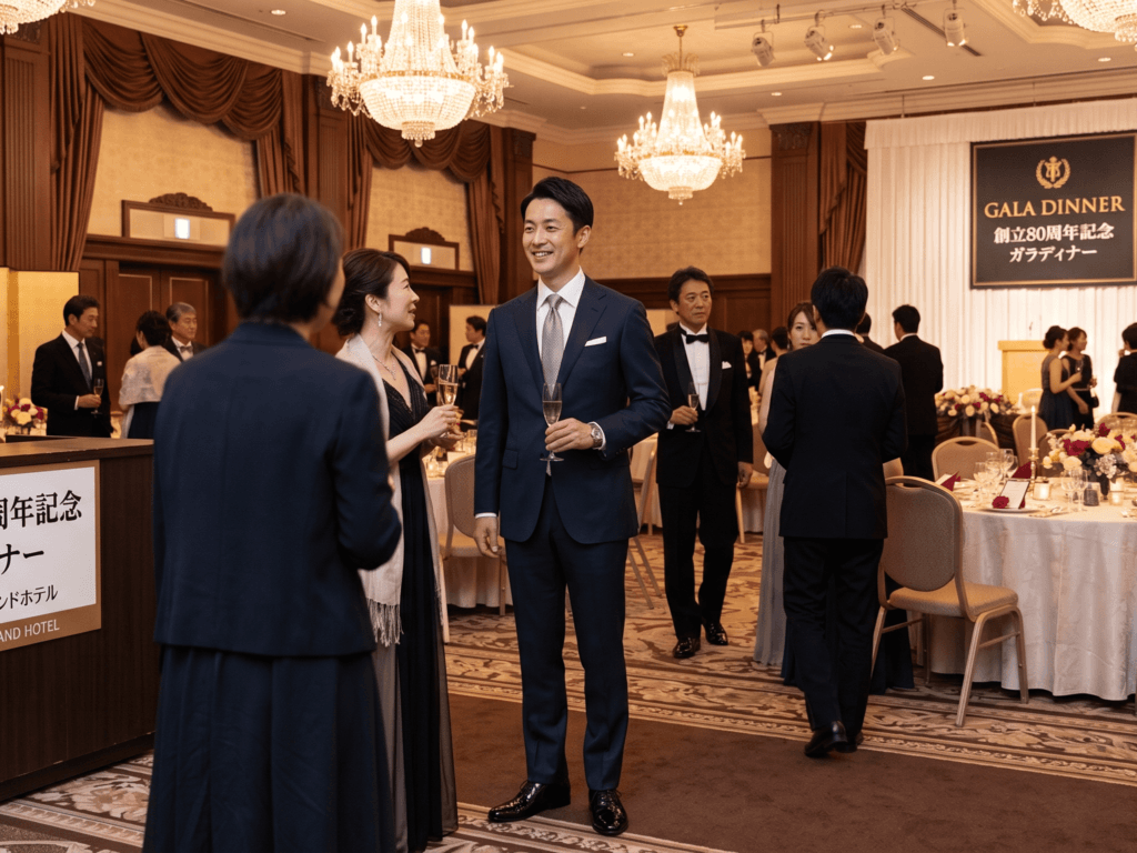 「高級ホテルでのイベント・ガラディナー」のいずれかへ出席している男性のスーツ姿