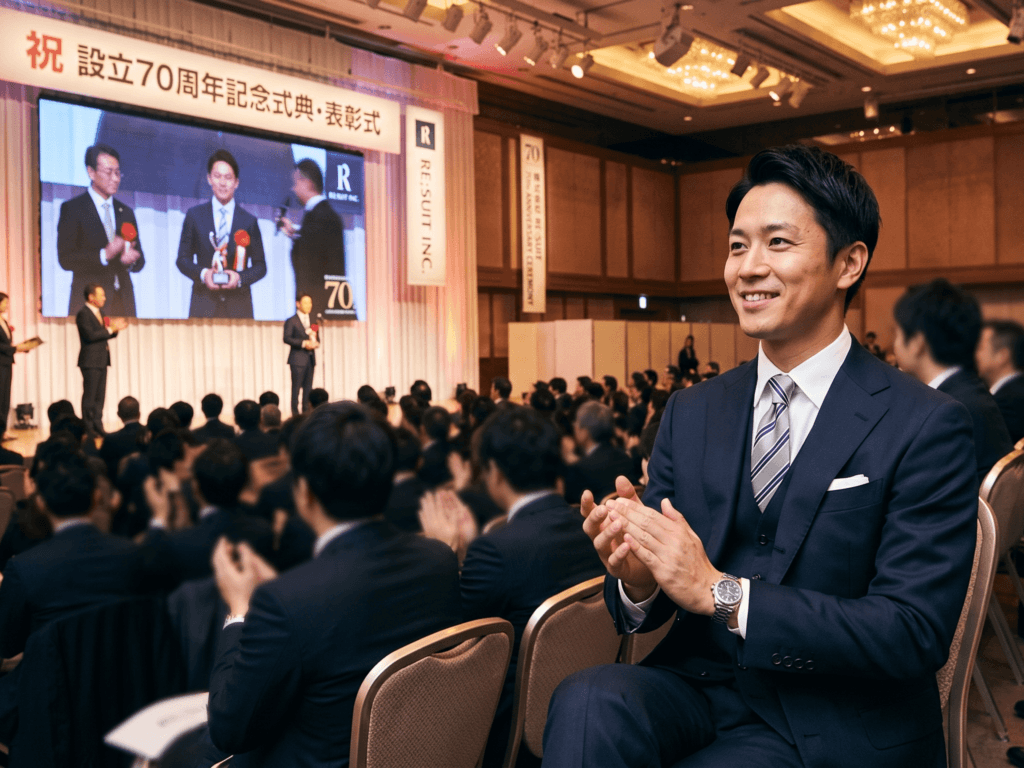 「企業の式典・周年行事・表彰式」のいずれかへ出席している男性のスーツ姿
