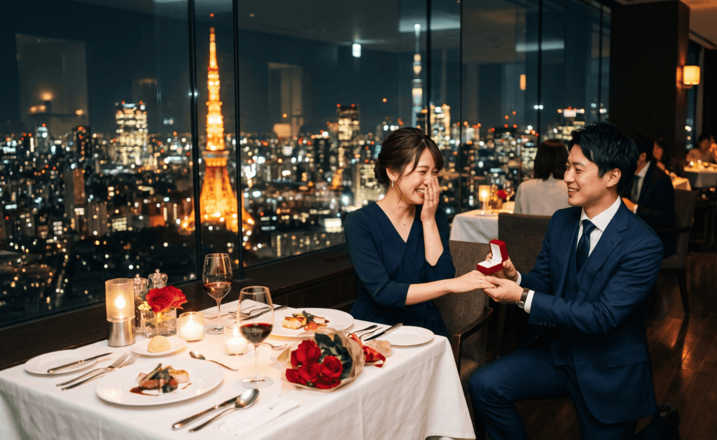 夜景の見えるレストランで食事をしながらスーツ姿でプロポーズをしている日本人男性
