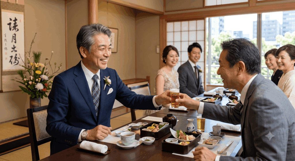 新婦のお父親様として両家顔合わせにネイビースーツで出席している男性