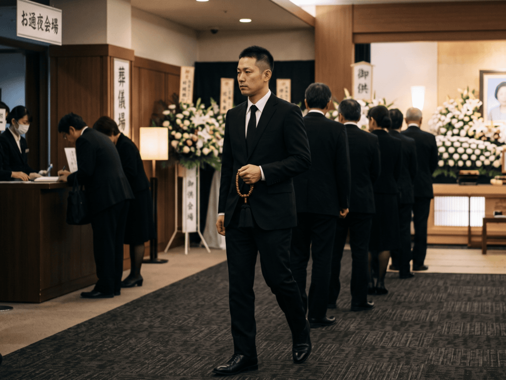 ブラックスーツで急なお通夜への参列をする男性