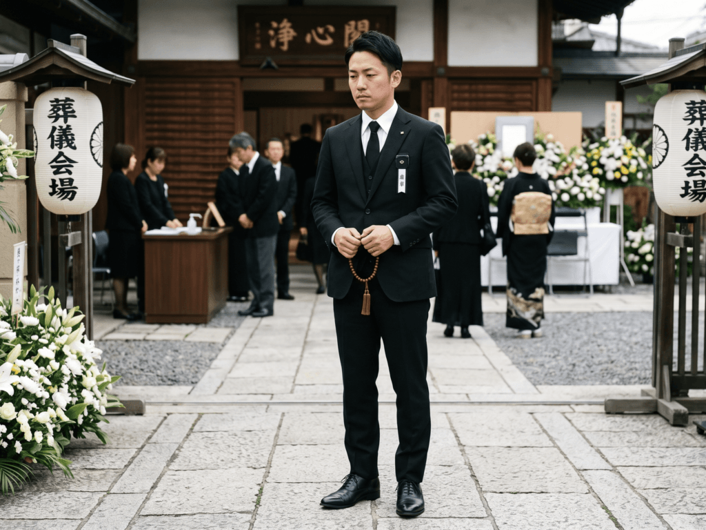 ブラックスーツでご親族としてお葬式に参列する男性