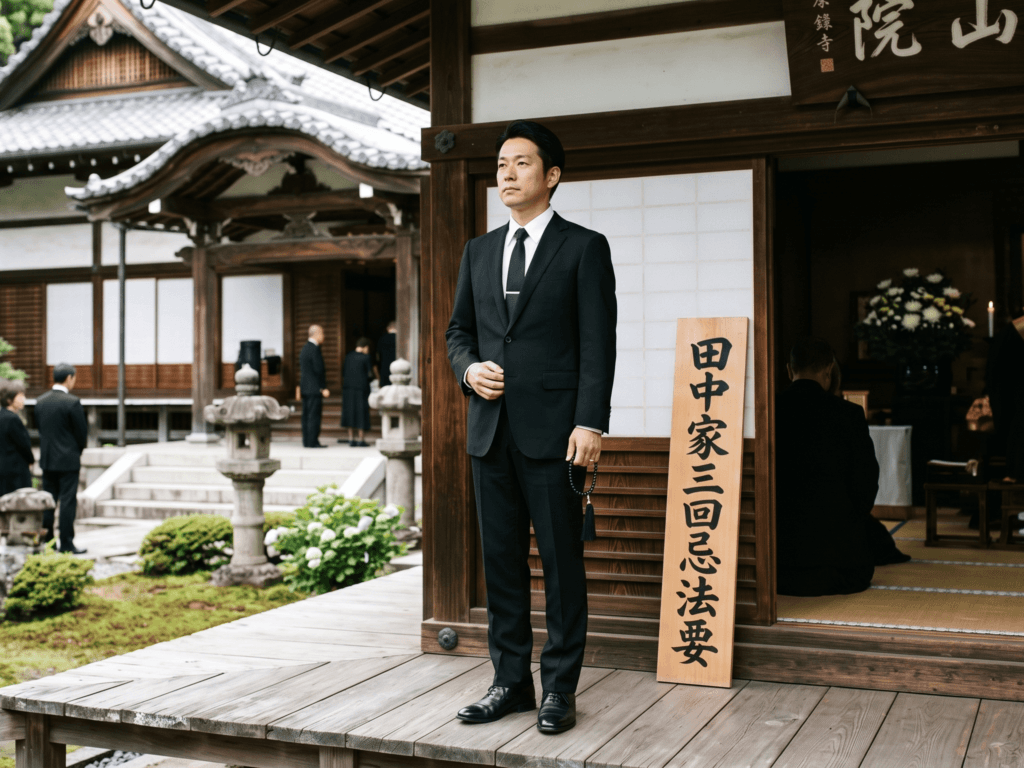 ブラックスーツで三回忌の法事に出席する男性