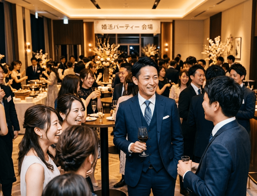 ネイビースーツで婚活パーティーに出席する男性