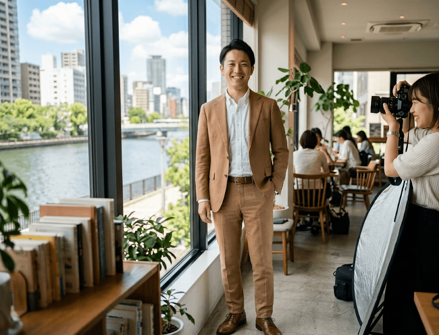 ベージュスーツでマッチングアプリのプロフィール写真撮影をする男性