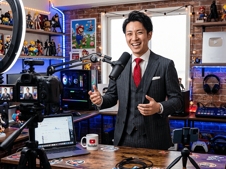 グレーストライプスーツでエンタメ系YouTubeの撮影をする男性