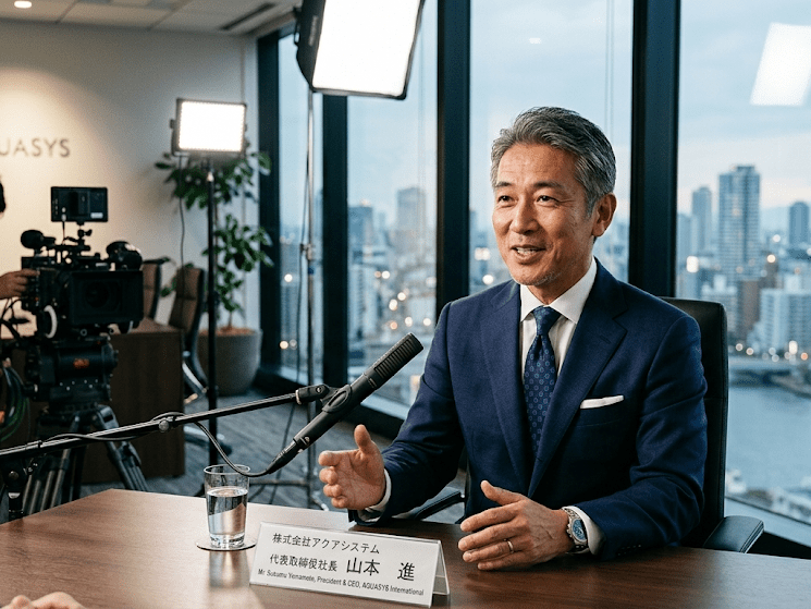 ネイビースーツで企業VPでの社長インタビューを受ける男性