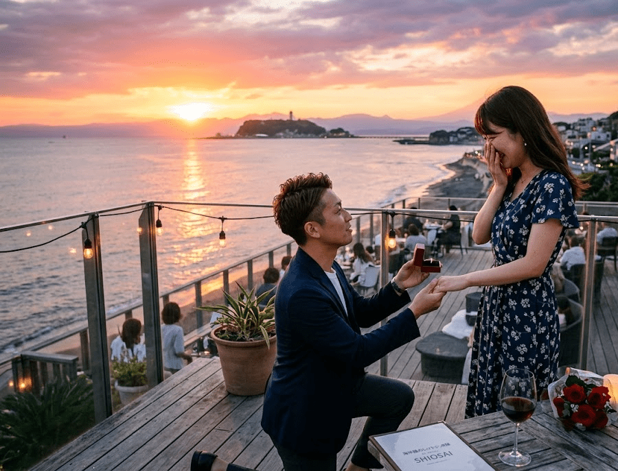 夕日の見える海岸線沿いのレストランでネイビースーツを着てプロポーズをする男性