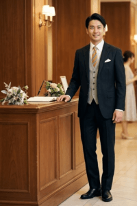 【友人の結婚式】で初めての受付。International Gallery BEAMSの艶感ブラックスーツをコーディネート