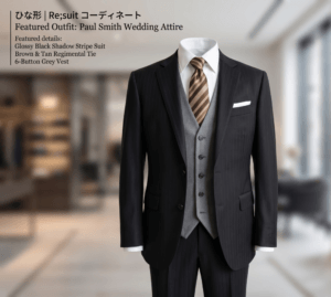 会社の先輩の結婚式に参列するため艶感ブラックシャドーストライプのスーツをコーディネート