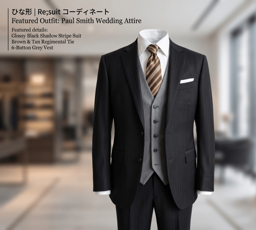 会社の先輩の結婚式に参列するため艶感ブラックシャドーストライプのスーツをコーディネート
